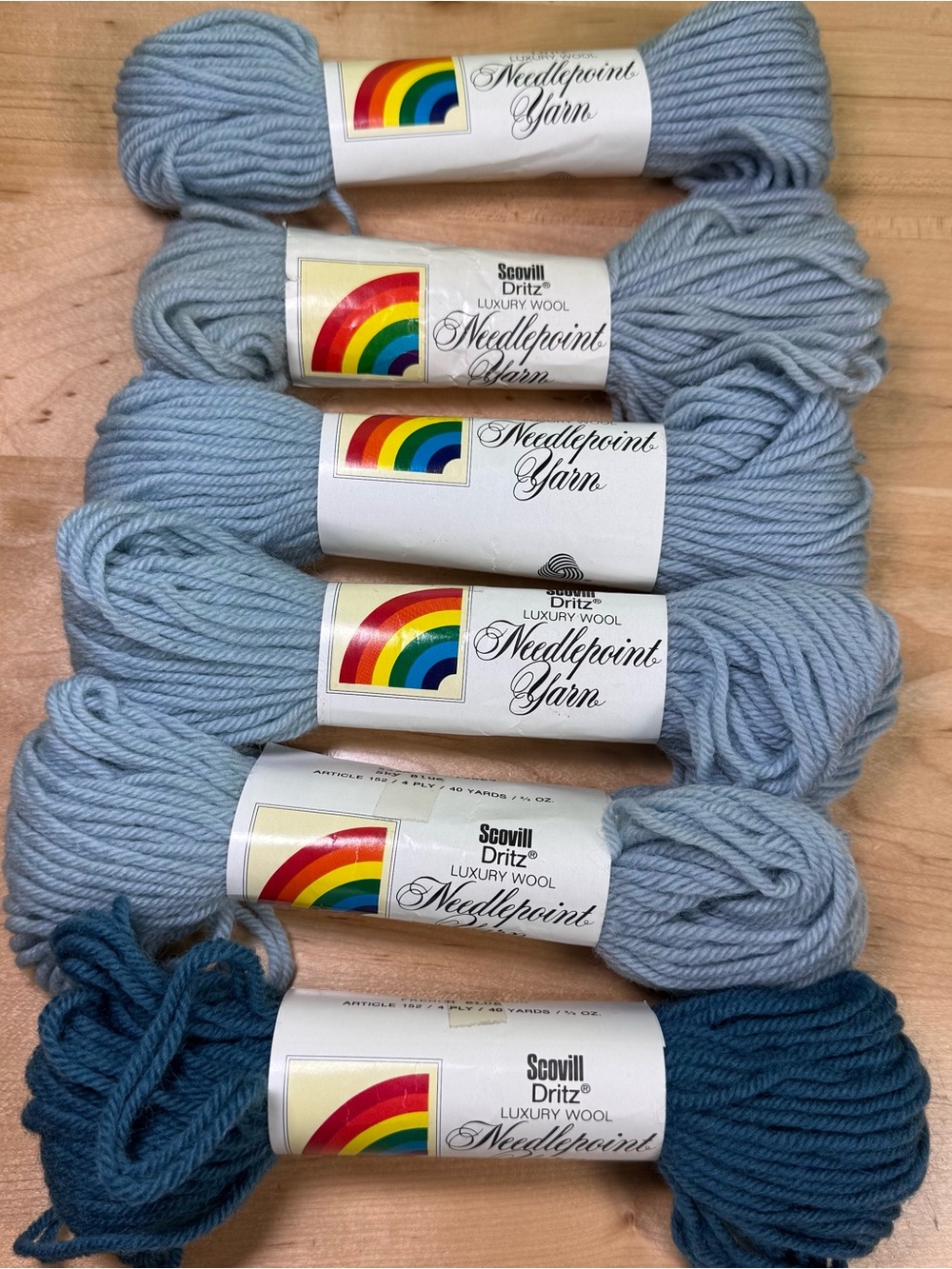 Vintage Scovill Dritz Luxury Wool Needle Point Yarn Lot of 6 
5 sky blue 
One F